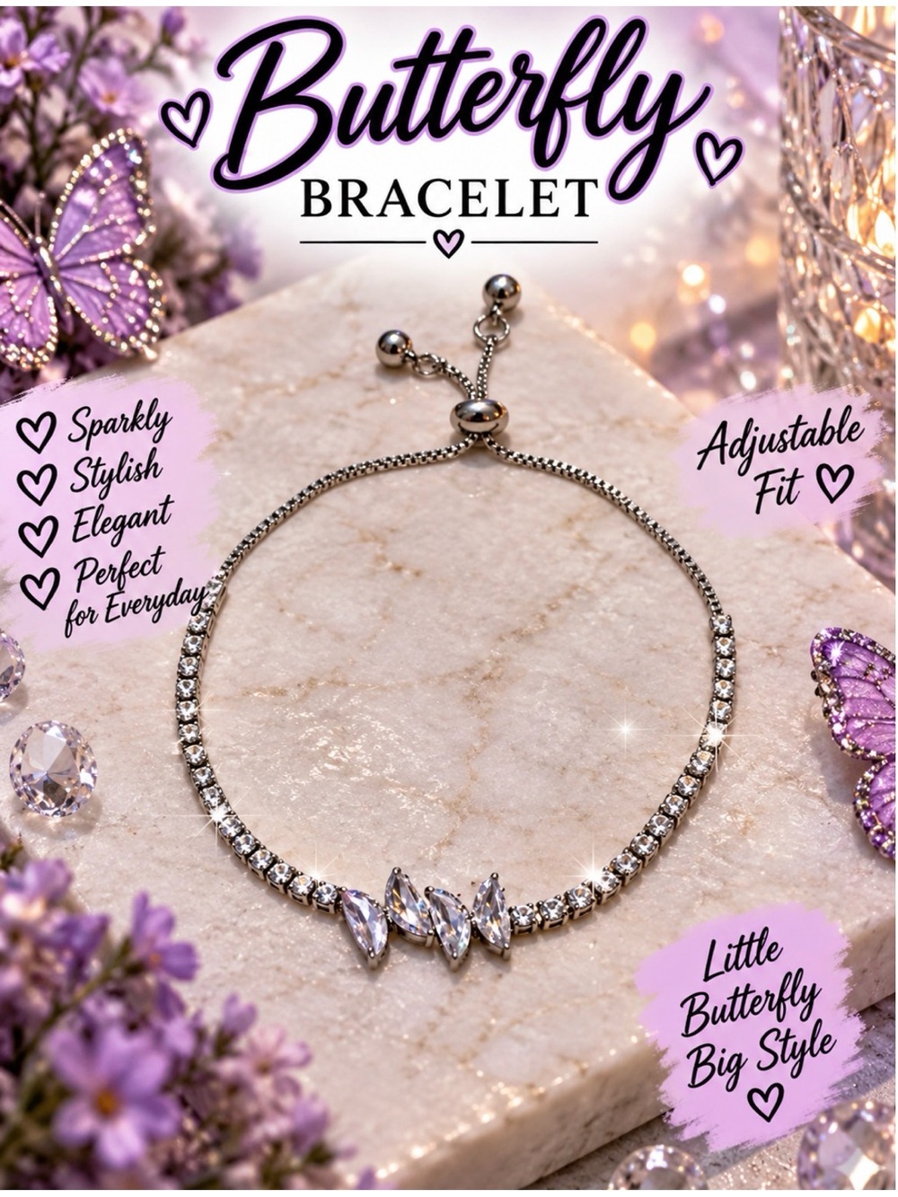 Butterfly Bracelet - Silver Sparkle Adjustable Bracelet